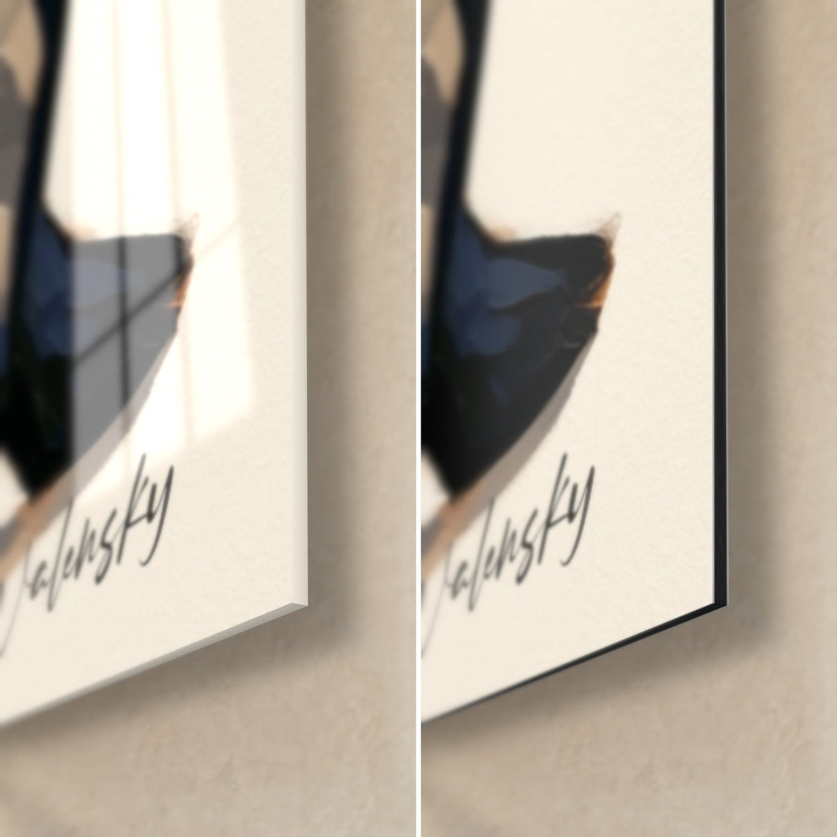 Tableau trio de manchots, coin bas droit : verre acrylique brillant à gauche, alu Dibond mat à droite, signature Walensky noire sur fond ivoire