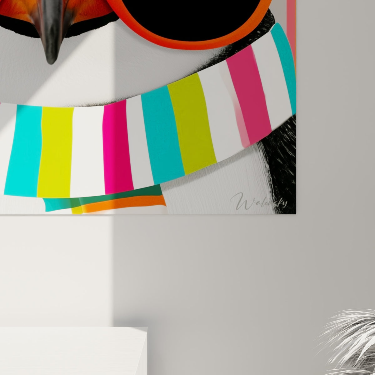 Détail du pingouin montrant le grain de l'impression sur les rayures fuchsia, turquoise et vert anis de l'écharpe