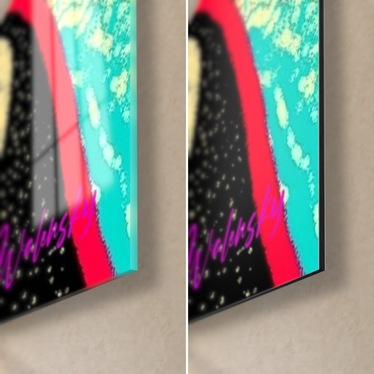 Schilderij van een zwarte pinguïn met rode rand en turquoise buik, rechtsonder hoek van glanzend glas en mat Dibond, 3 mm dik
