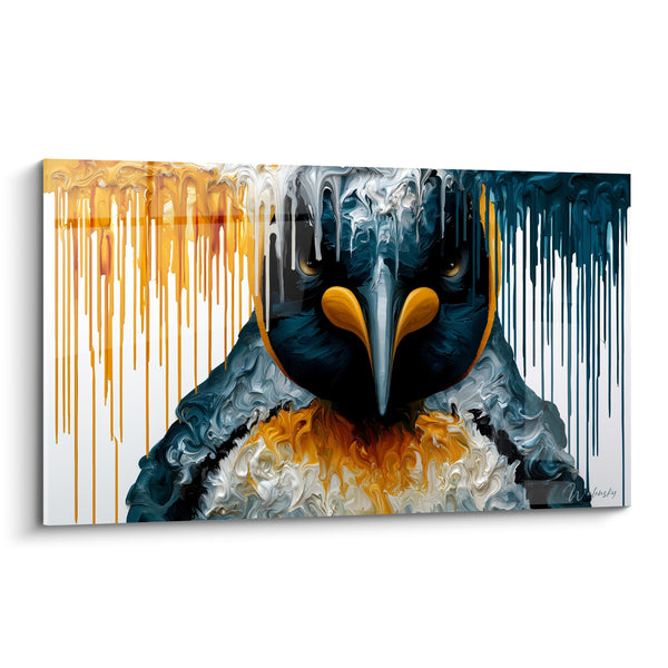 Tableau Manchot bleu marine et orange aux coulures dégoulinantes - Regard perçant intense - Edition Pingouin
