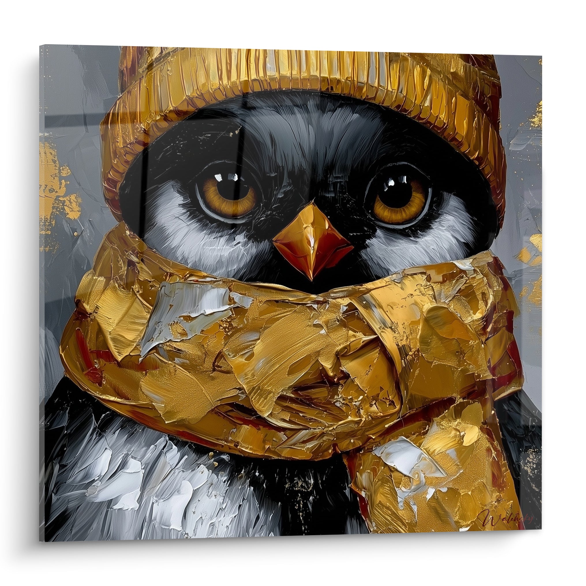 Pingouin aux yeux ambrés porte un bonnet et une écharpe dorés texturés sur fond gris anthracite