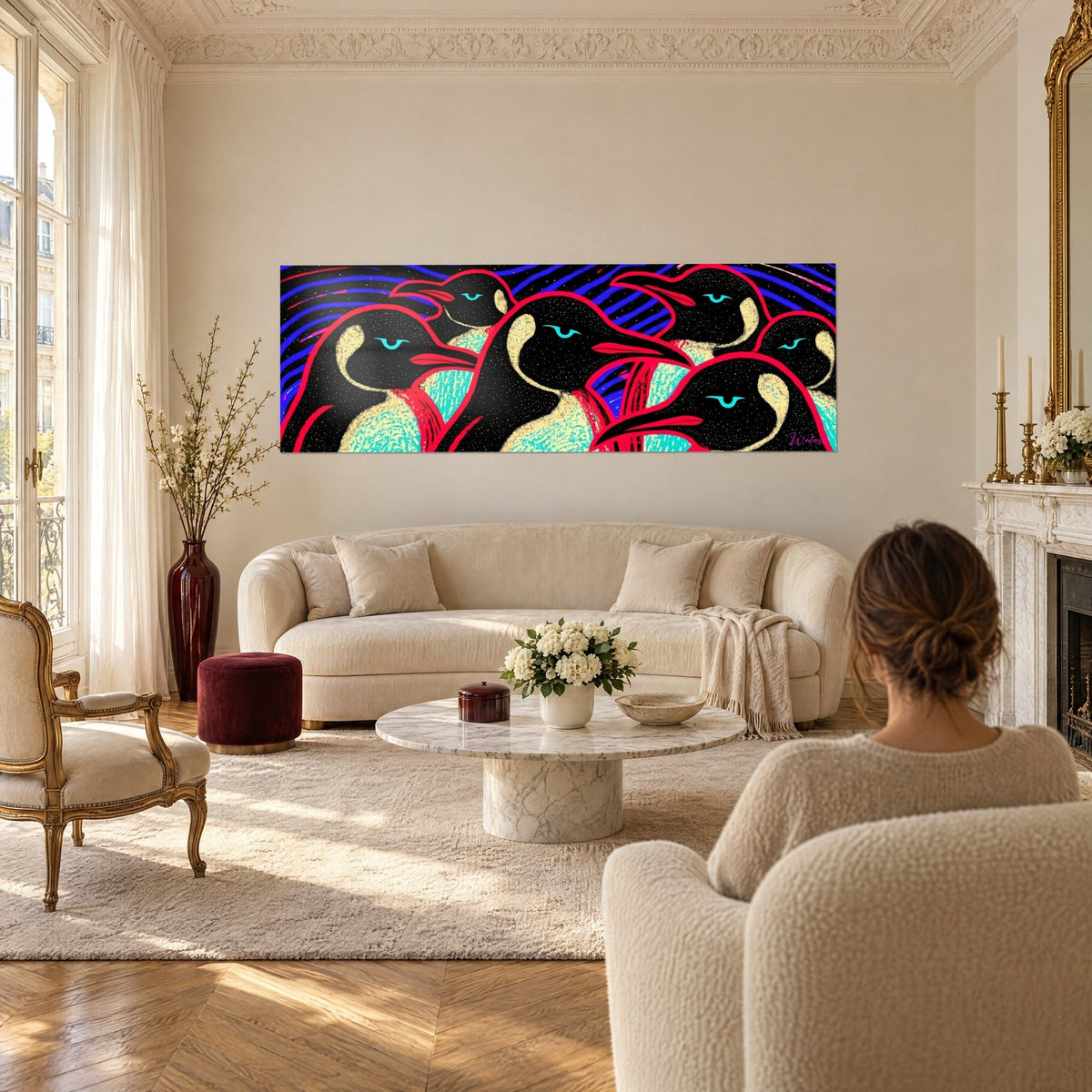 Schilderij van zwarte pinguïns met felrode contouren en turquoise ogen op een golvende blauwe achtergrond, boven een bank in een lichte woonkamer