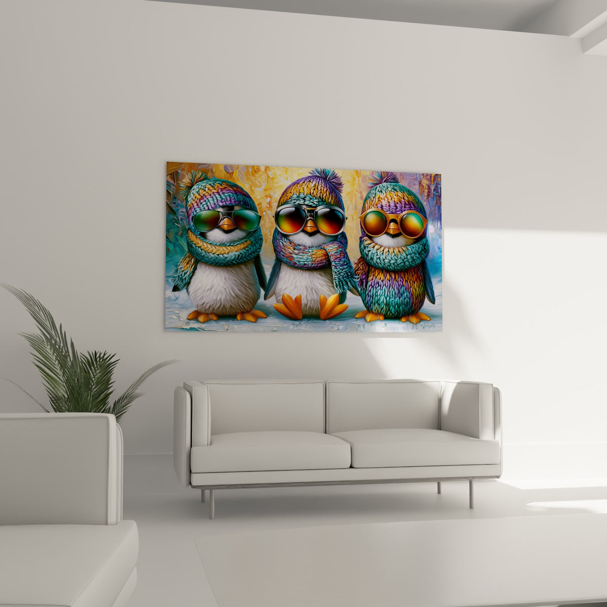 Trio de pingouins givrés en bonnets dorés et turquoise au-dessus d'un canapé dans un salon lumineux