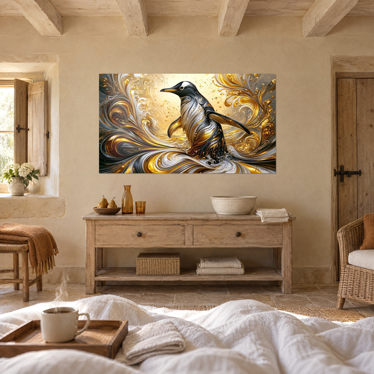 Tableau manchot noir et argent dans un remous liquide doré, éclaboussures miel, au-dessus d'un lit dans une chambre claire
