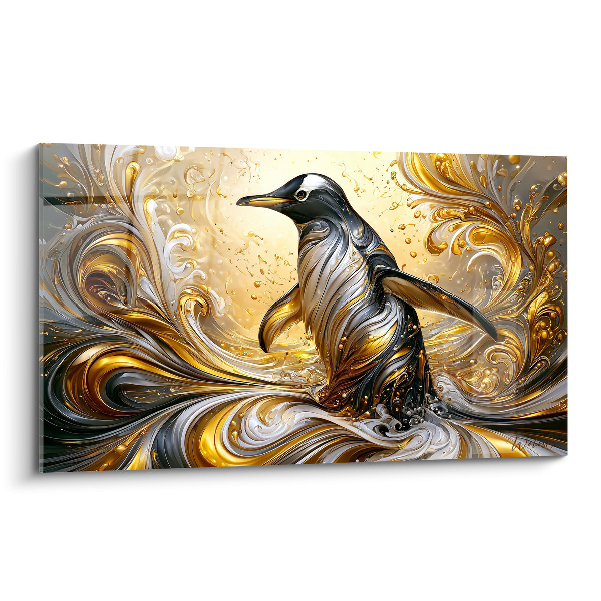 Pingouin anthracite et doré entouré de volutes argentées fluides, style pictural abstrait métallisé