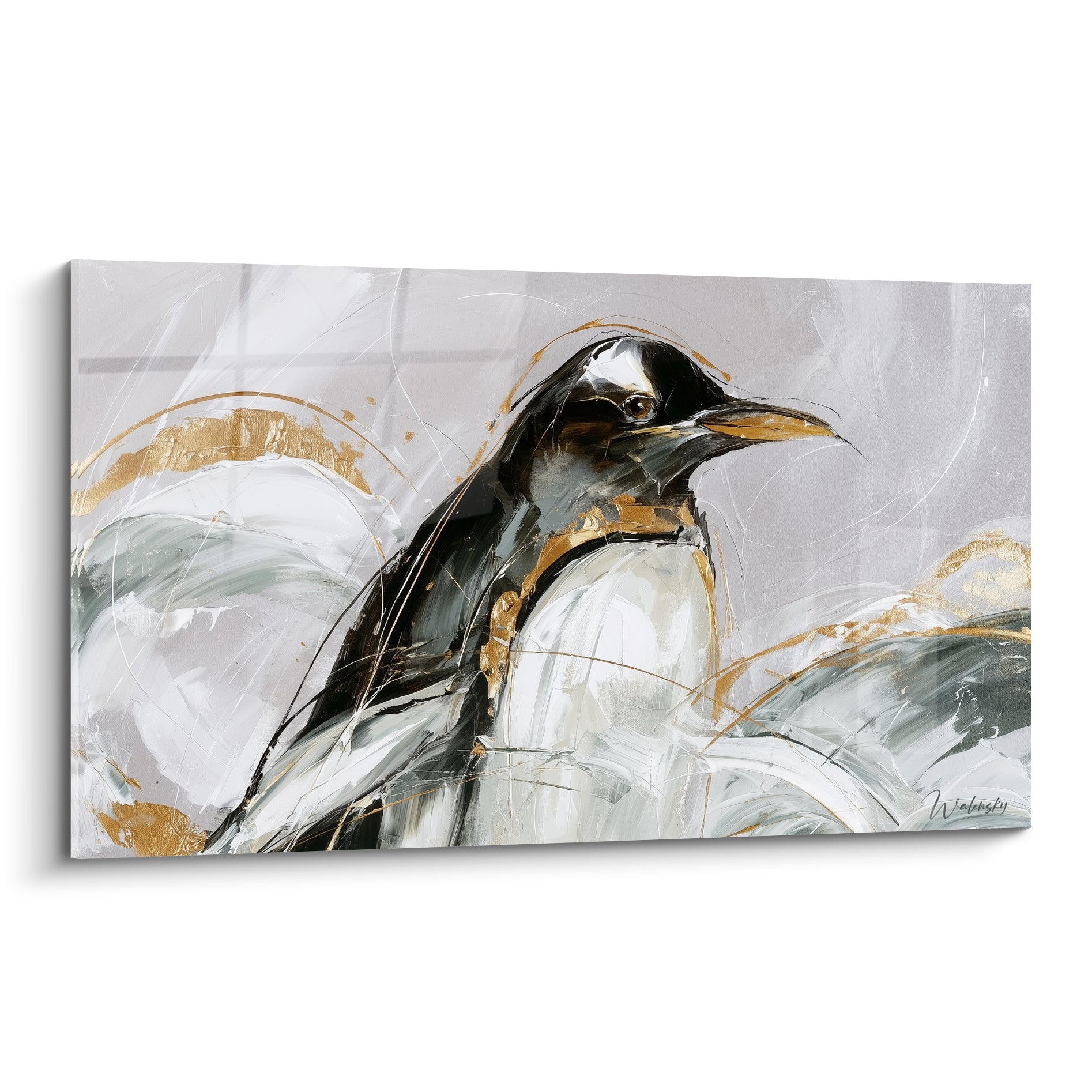 Pingouin peint en noir et blanc, bec doré entrouvert, fond gris anthracite abstrait
