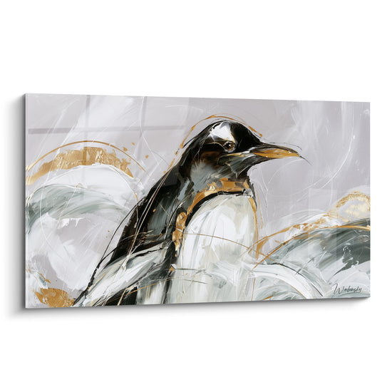 Pingouin peint en noir et blanc, bec doré entrouvert, fond gris anthracite abstrait