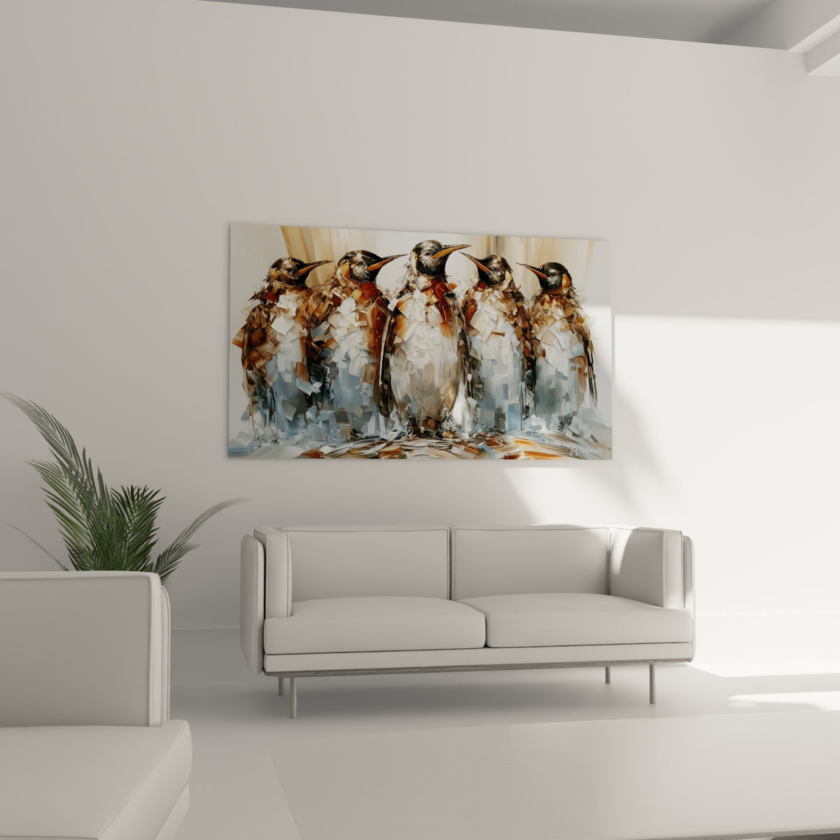 Cinq pingouins doré et blanc cassé en peinture texturée, suspendus au-dessus d'un canapé dans un salon lumineux