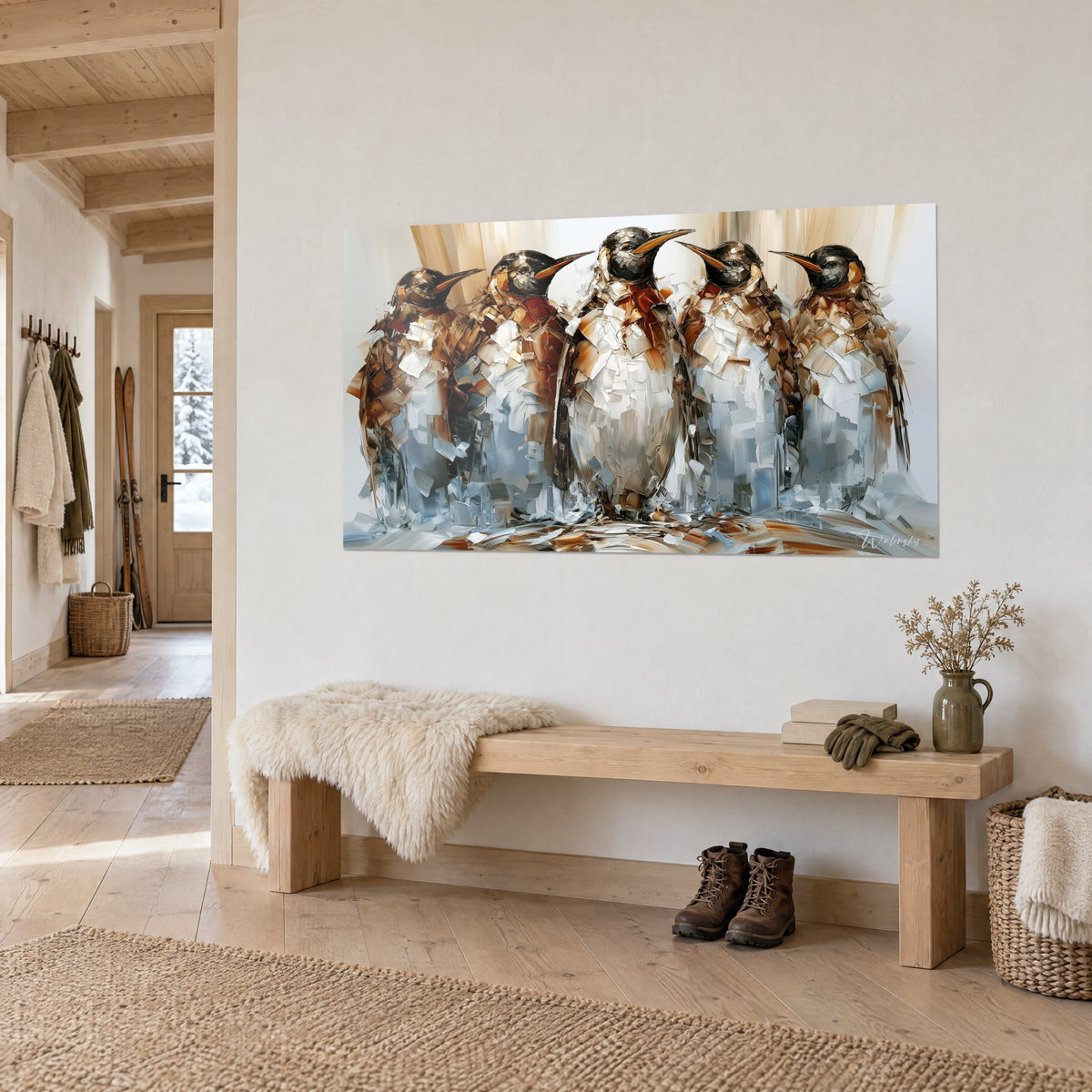 Tableau quintette d'oiseaux polaires aux becs orangés, touches de couteau brunes et blanches, mur chalet clair