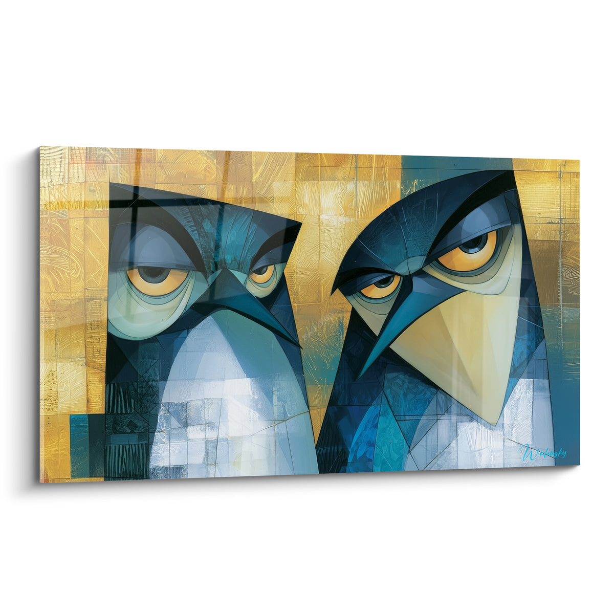 Pingouins au regard jaune doré perçant, silhouettes bleu marine sur fond ocre texturé géométrique