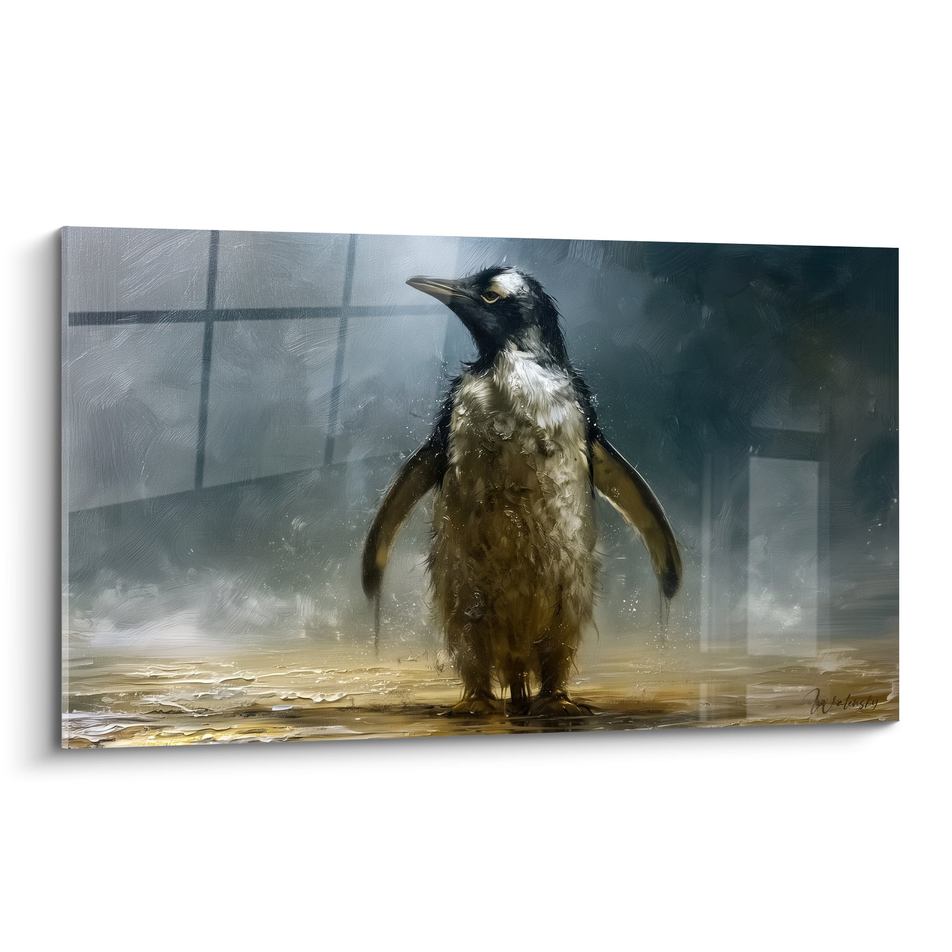 Pingouin doré et brun, ailes déployées, dans une lumière brumeuse anthracite et gris bleuté