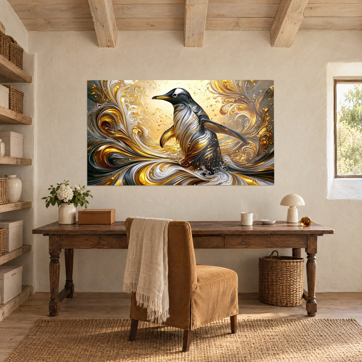 Tableau pingouin empereur en peinture fluide, éclats d'or sur gris métal, au-dessus d'un bureau en bois ancien