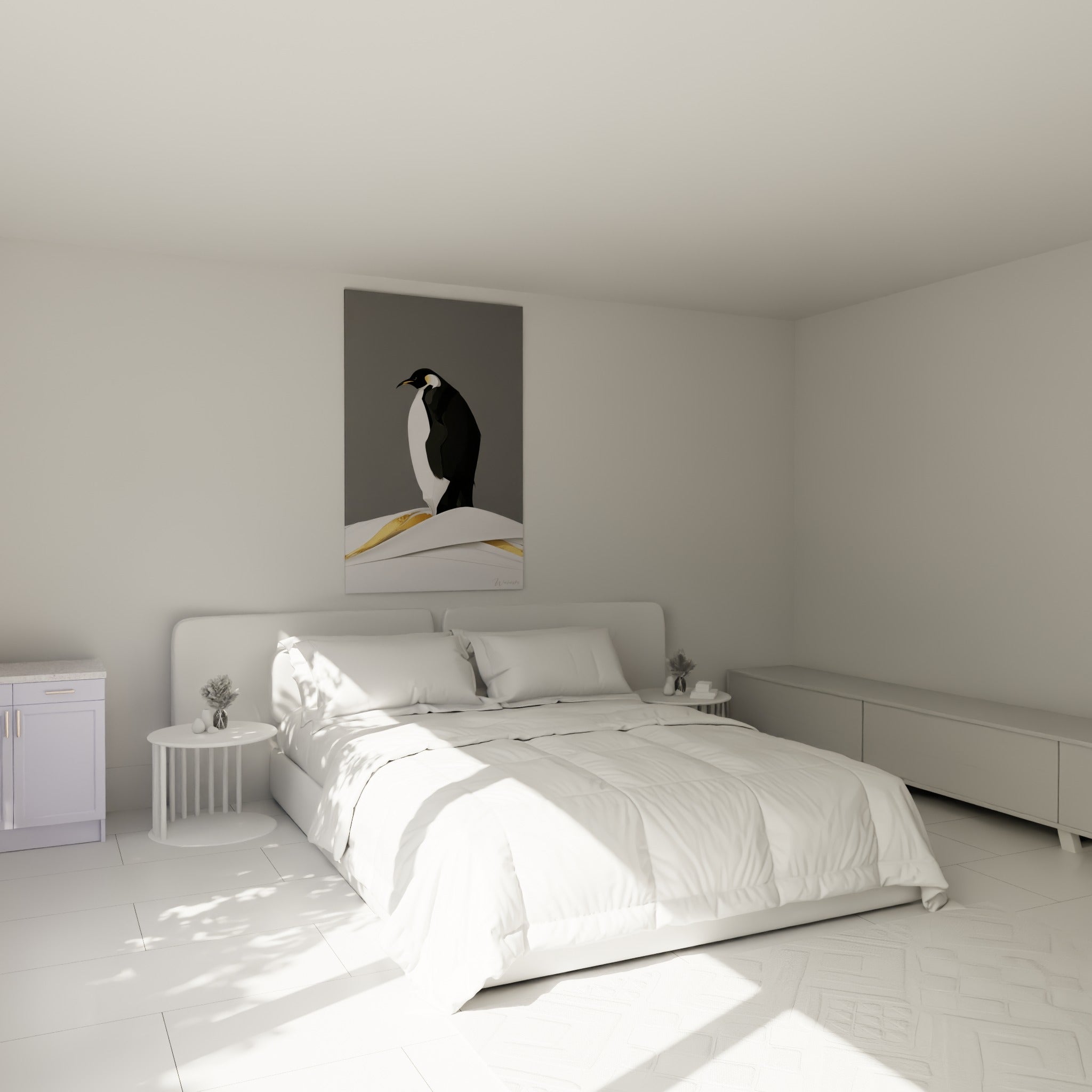 Silhouette de pingouin noir, blanc et doré accrochée au-dessus d'un lit dans une chambre claire