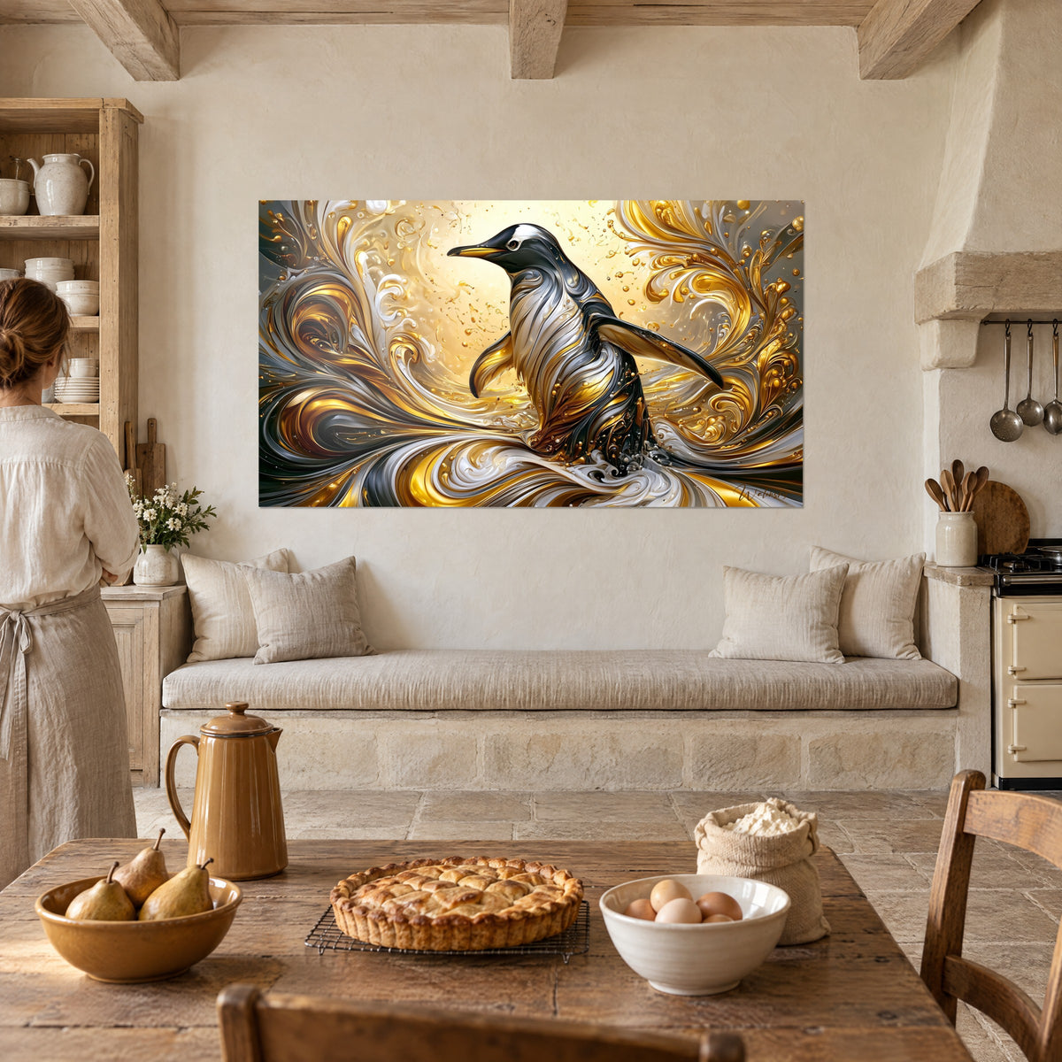 Tableau silhouette de pingouin sur fond ambre, coulées blanches et dorées, accroché près d'une cuisine rustique