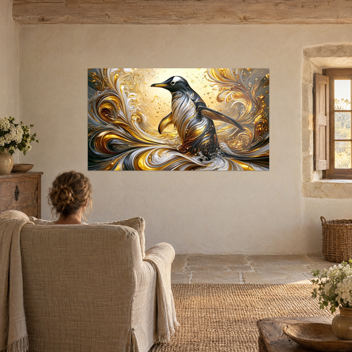 Tableau pingouin doré à l'aile ouverte, vagues de crème et d'or, face à un fauteuil beige près d'une fenêtre en pierre