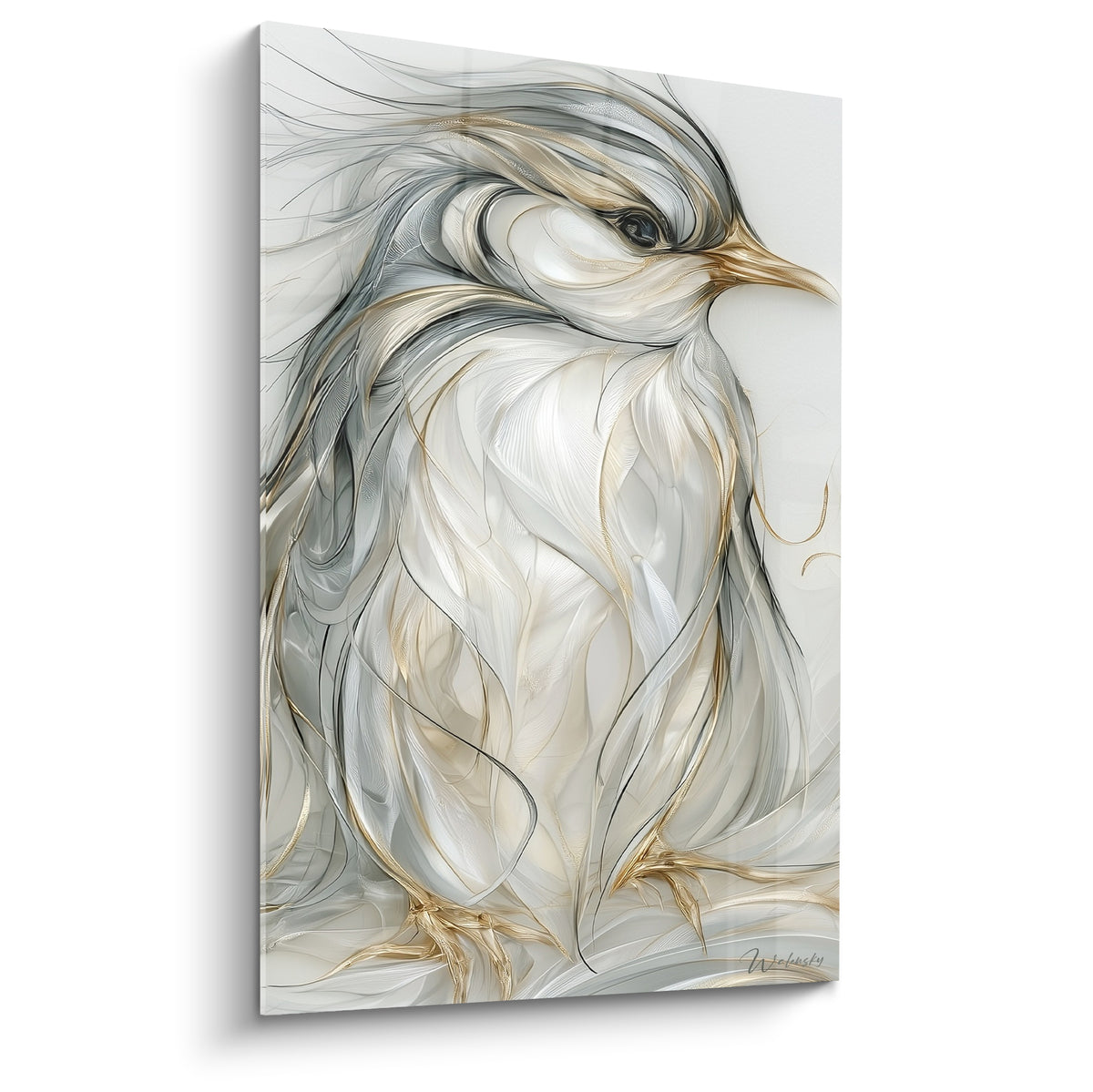 Pingouin en volutes dorées et grises, plumage filiforme sur fond blanc immaculé