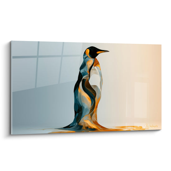 Pingouin noir et doré à silhouette fluide, plumage bleu pétrole se dissolvant en coulures ocre.