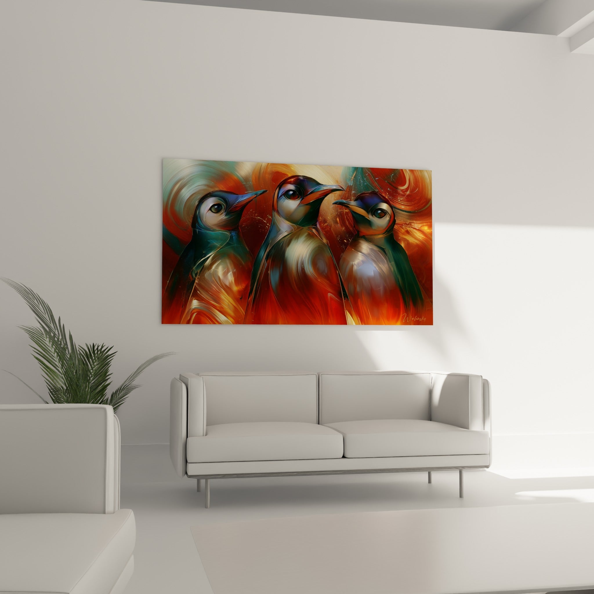 Silhouettes de pingouins dorés et turquoise se détachant d'un fond ambré au-dessus d'un canapé dans un salon lumineux