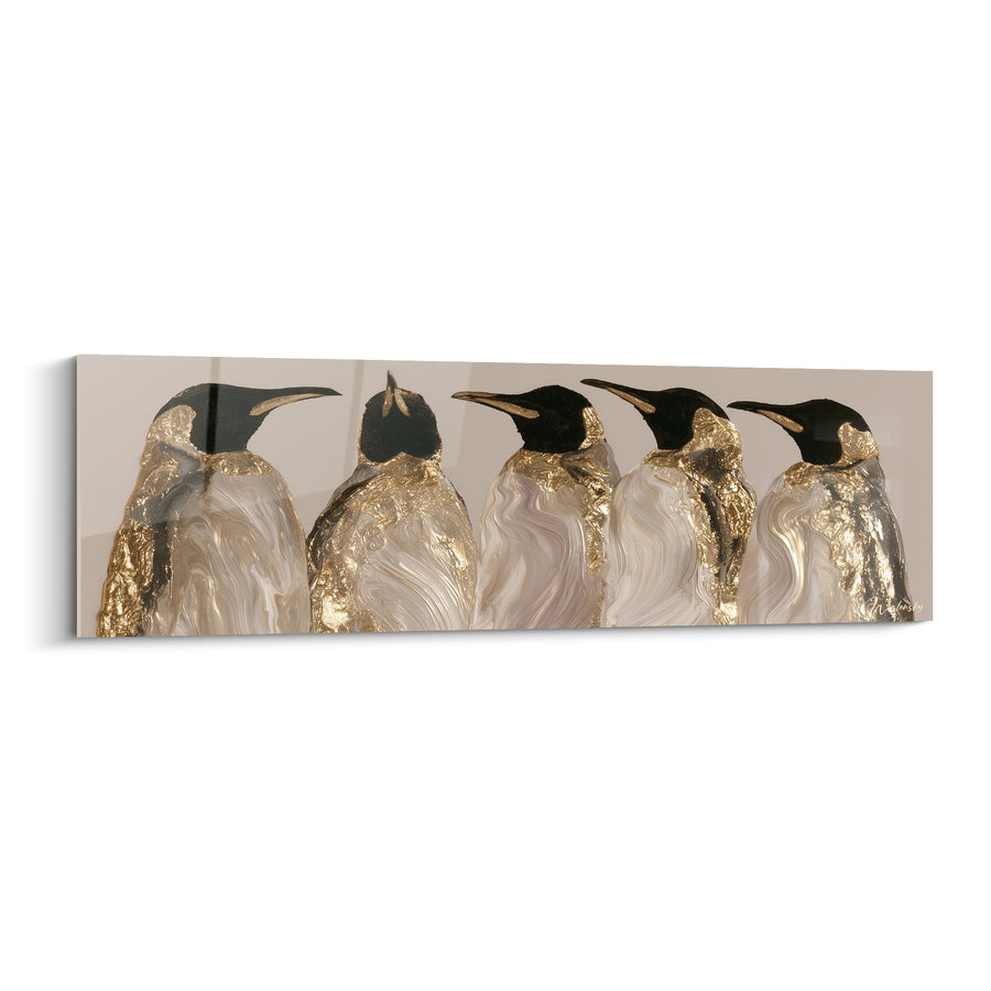 Tableau Cinq manchots noirs et dorés en rangée - Becs pointés vers l'avant - Edition Pingouin