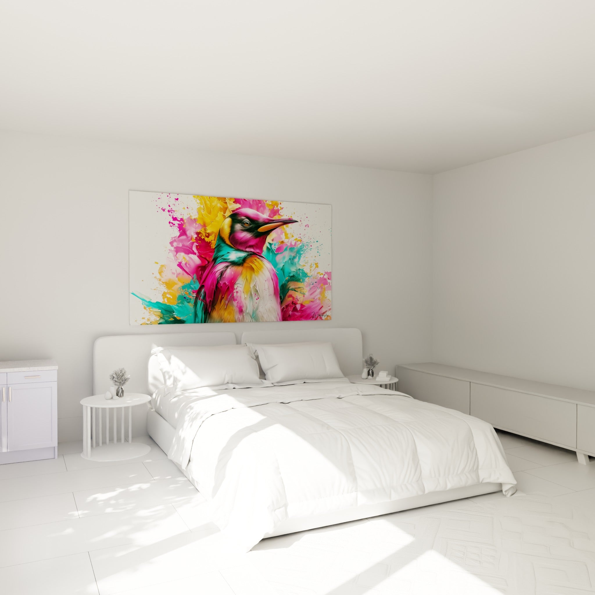 Explosion colorée fuchsia et dorée d'un pingouin accrochée au-dessus d'un lit dans une chambre claire