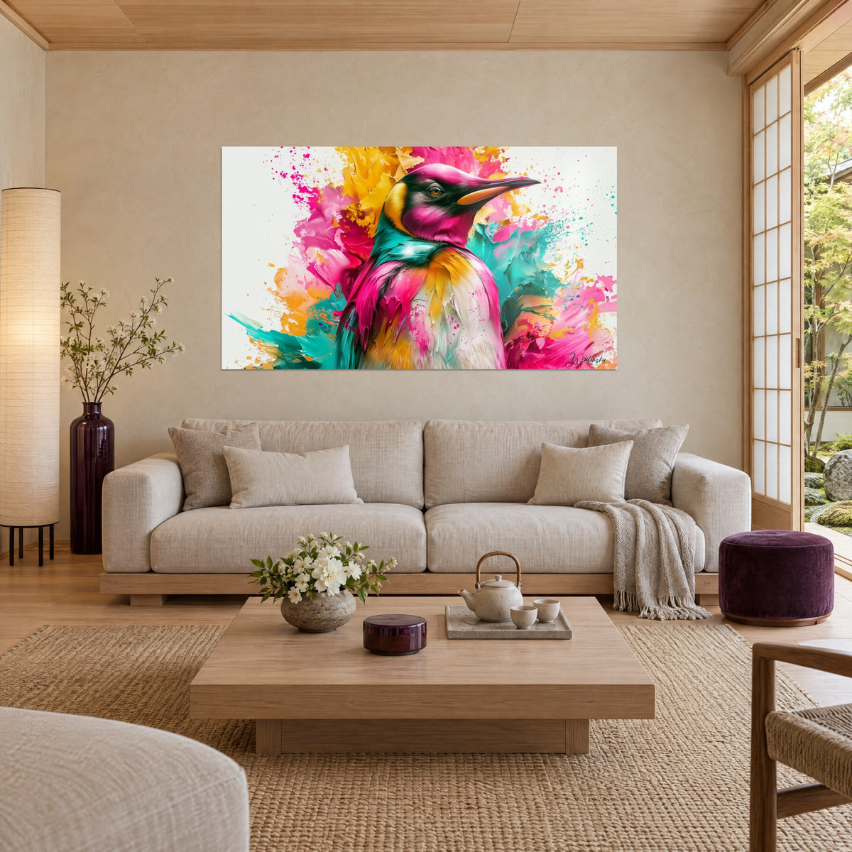 Tableau manchot royal rose fuchsia et turquoise, plumes en pâte épaisse sur éclaboussures jaunes, au-dessus d'un canapé dans un salon lumineux