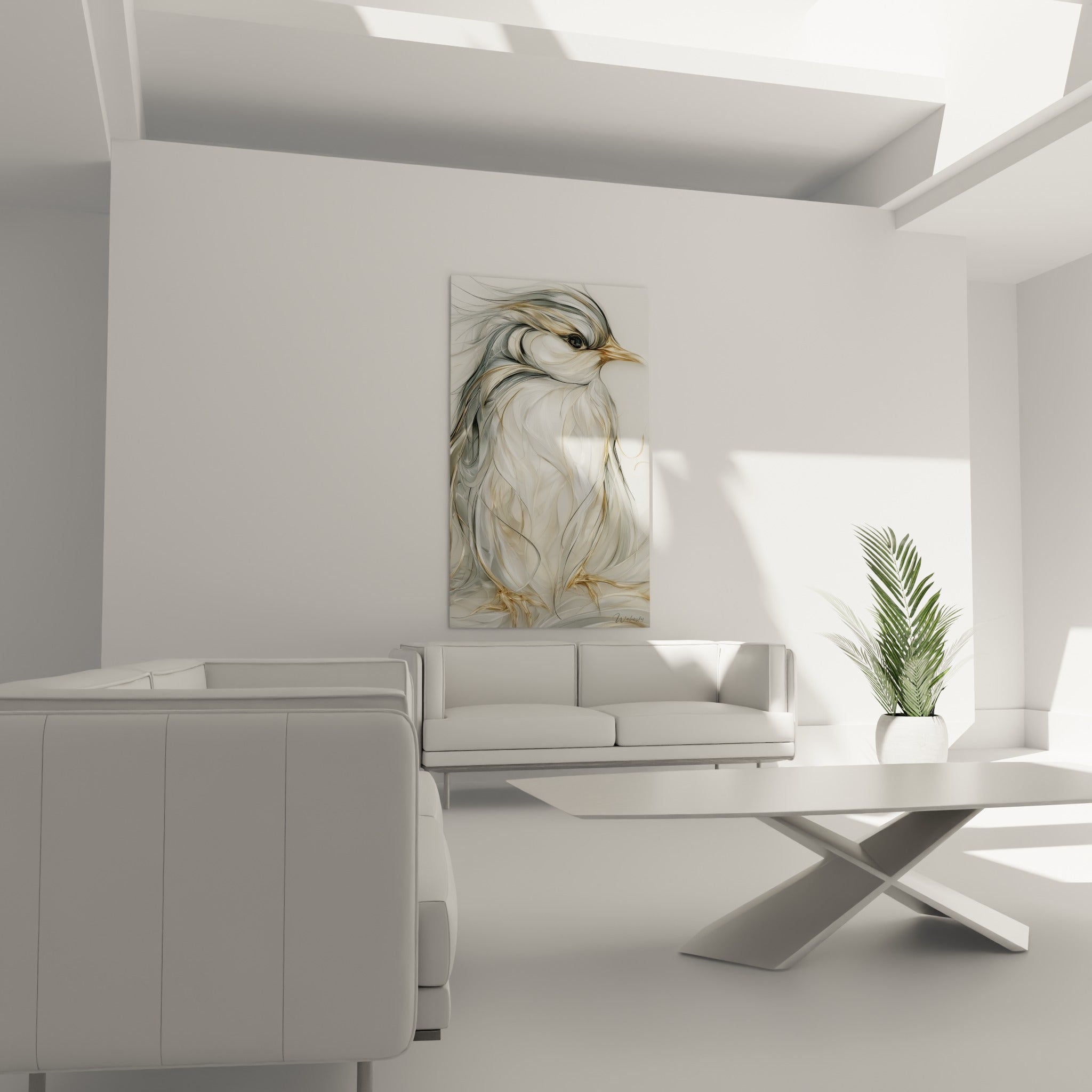 Pingouin stylisé aux teintes anthracite et ocre placé au-dessus d'un canapé dans un salon lumineux