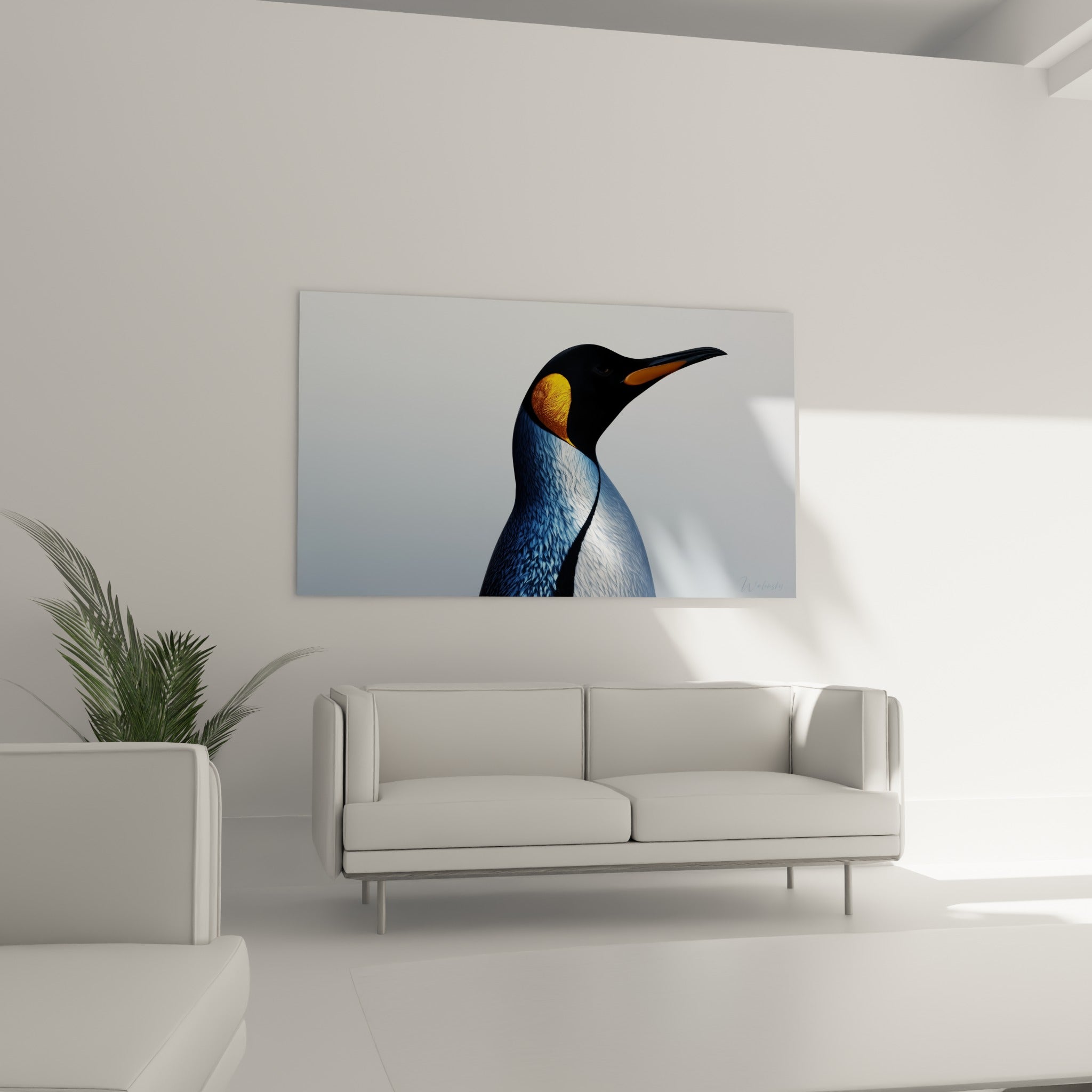 Manchot royal aux teintes bleu ardoise et orange accroché au-dessus d'un canapé dans un salon lumineux