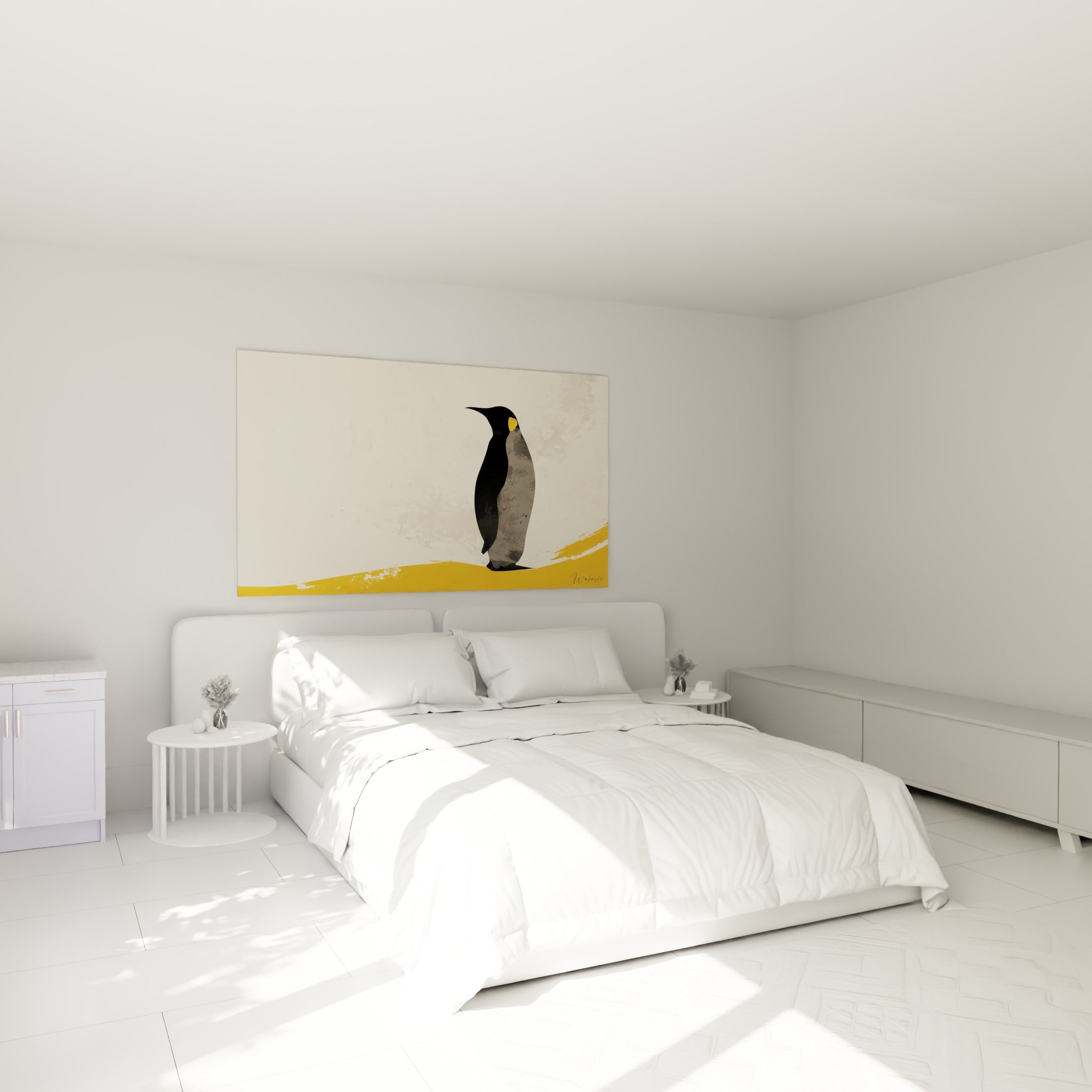 Silhouette de pingouin doré et noir posée sur vague ocre, au-dessus d'un lit dans une chambre claire