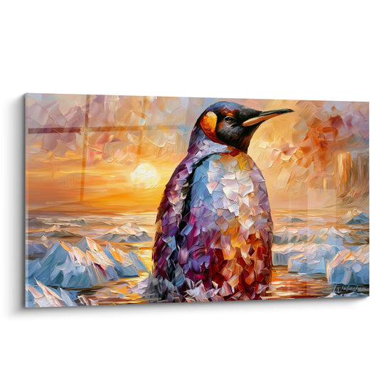 Pingouin impérial peint en empâtements violets et dorés devant un coucher de soleil sur banquise