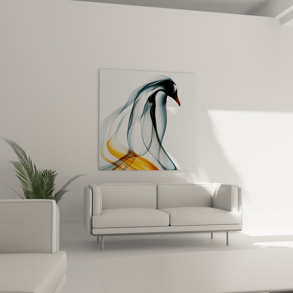 Pingouin translucide aux teintes anthracite et dorées, au-dessus d'un canapé dans un salon lumineux