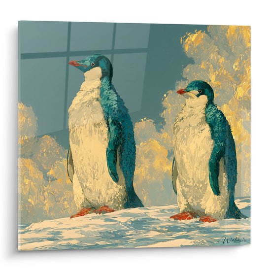 Deux pingouins bleu turquoise et blanc crème, becs orangés, devant un feuillage doré peint