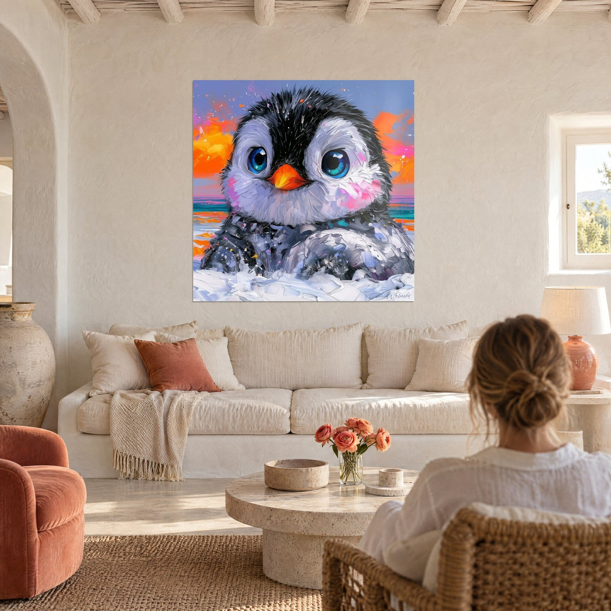 Schilderij van een donzige babypinguïn met blauwe ogen en oranje snavel, roze en koraalkleurige lucht, boven een bank in een lichte woonkamer