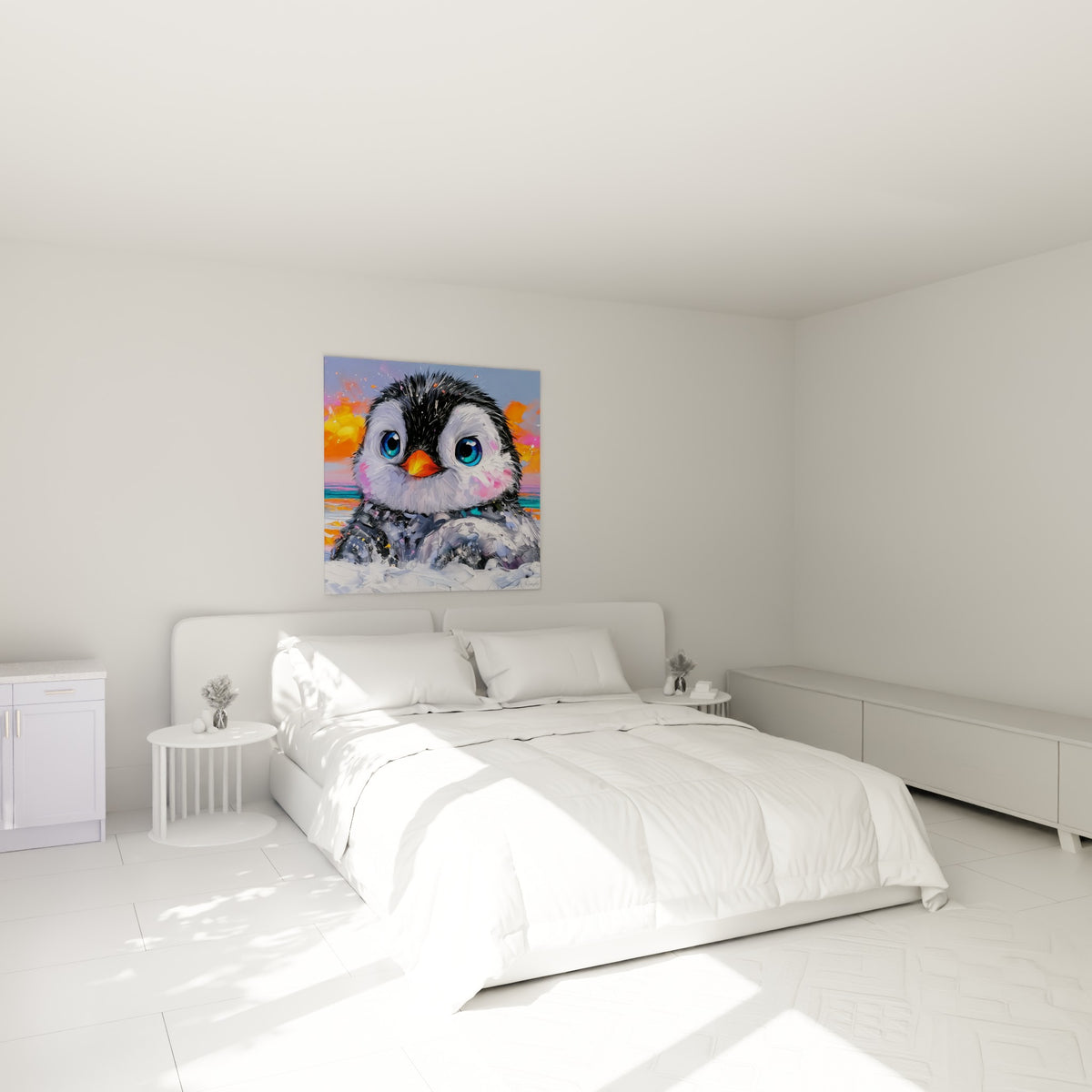 Poussin de pingouin gris et blanc, bec orange vif, accroché au-dessus d'un lit dans une chambre claire
