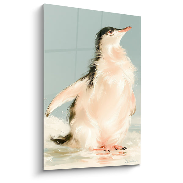 Tableau Pingouin duveteux aux teintes crème et vert d'eau - Premiers pas timides - Edition Pingouin