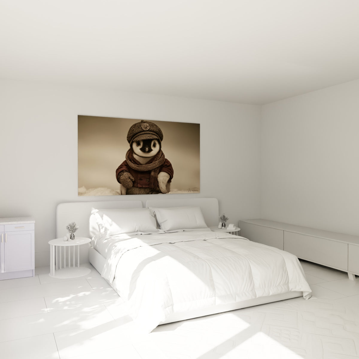 Manchot en écharpe beige et moufles tricotées au-dessus d'un lit dans une chambre claire
