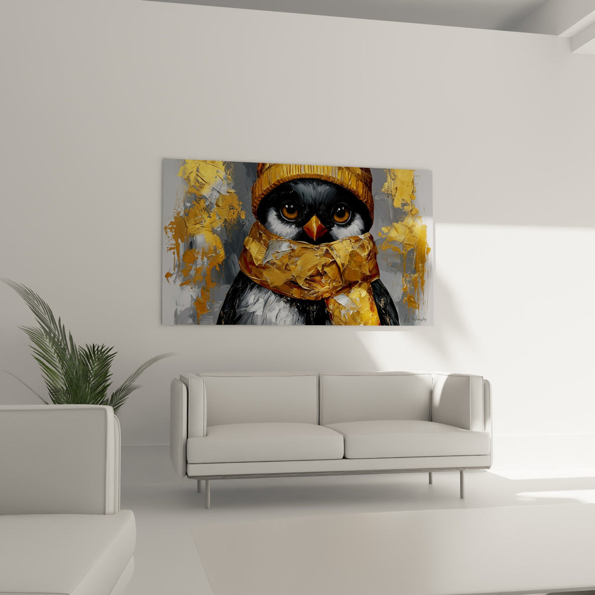 Portrait animalier doré et gris, empâtements riches, au-dessus d'un canapé dans un salon lumineux