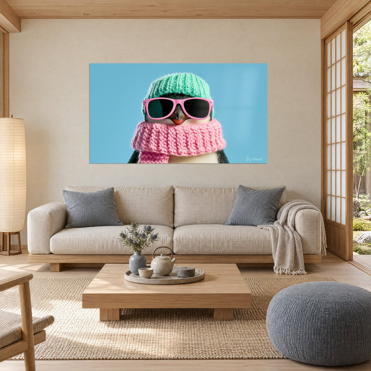 Schilderij pinguïn met roze bril en mintgroene muts op een lichtblauwe achtergrond, boven een bank in een lichte woonkamer