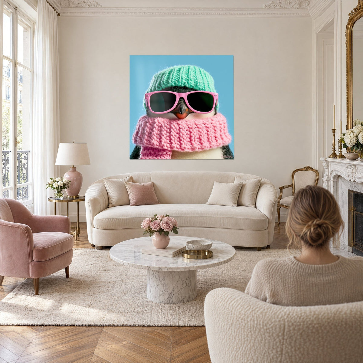 Schilderij van een pinguïn met mintgroene muts en roze zonnebril op een lichtblauwe achtergrond, boven een bank in een lichte woonkamer