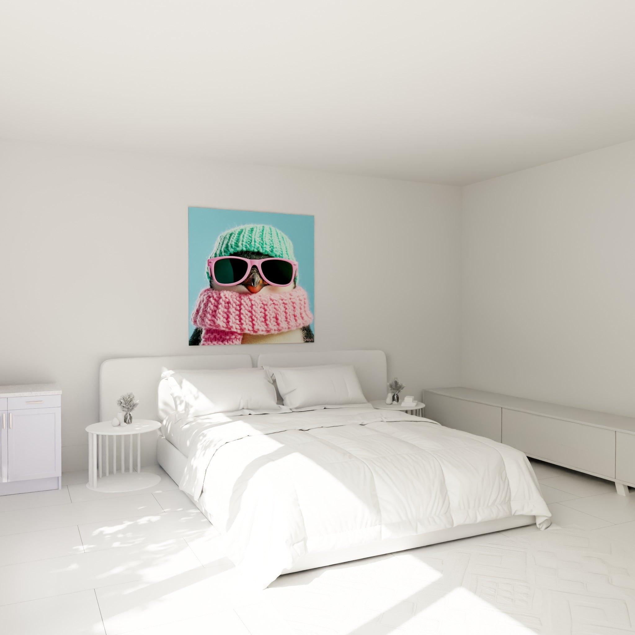Bonnet vert et écharpe rose habillent ce pingouin accroché au-dessus d'un lit dans une chambre claire