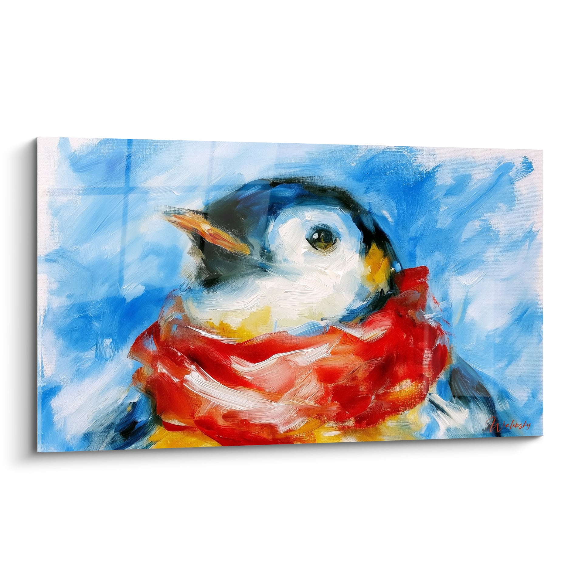 Pingouin au regard doux emmitouflé dans une écharpe rouge vive sur fond bleu marine peint à la spatule