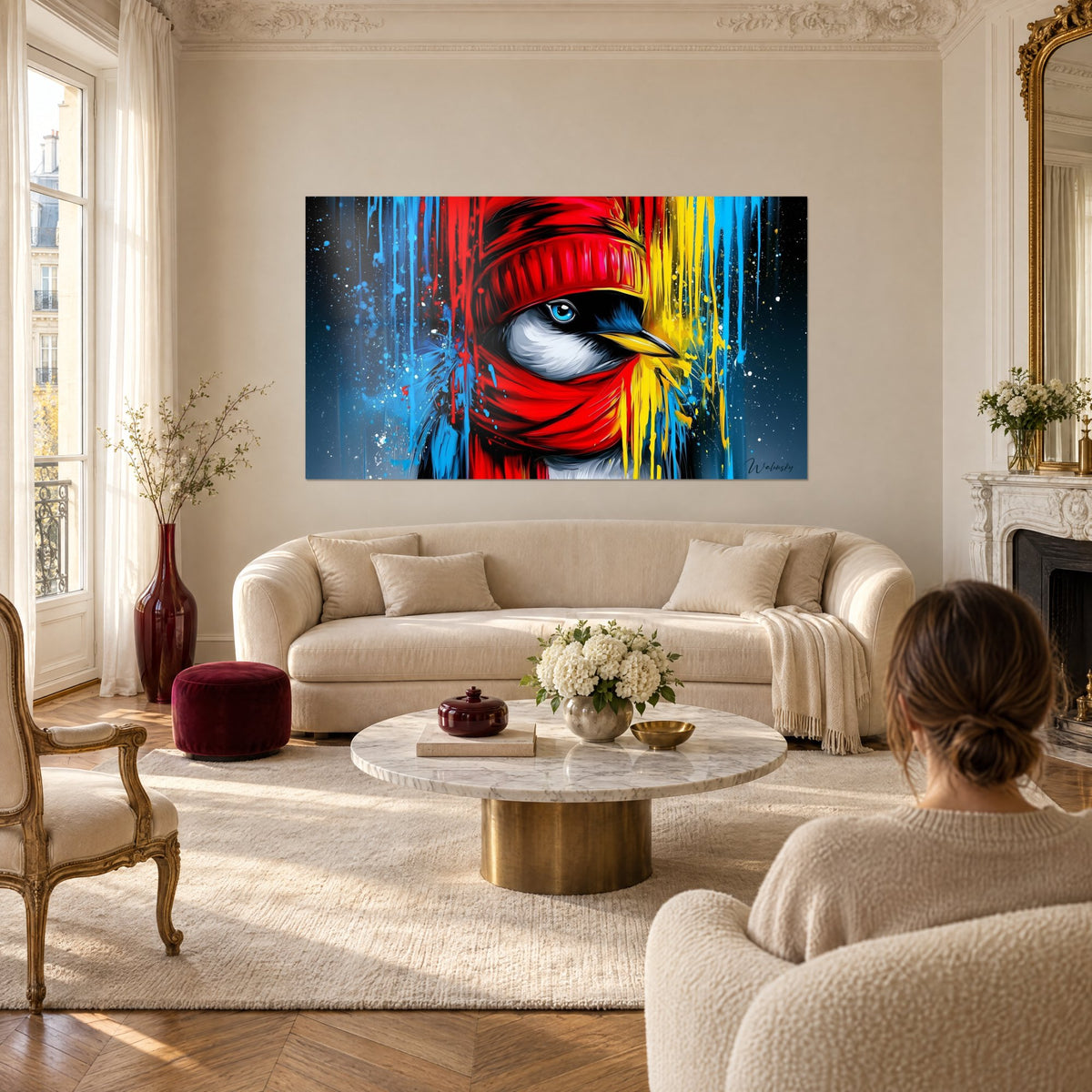 Gemälde eines Vogels mit roter Strickmütze, scharlachroter Schal und gelbe und blaue Farbläufer, über einem Sofa in einem hellen Wohnzimmer