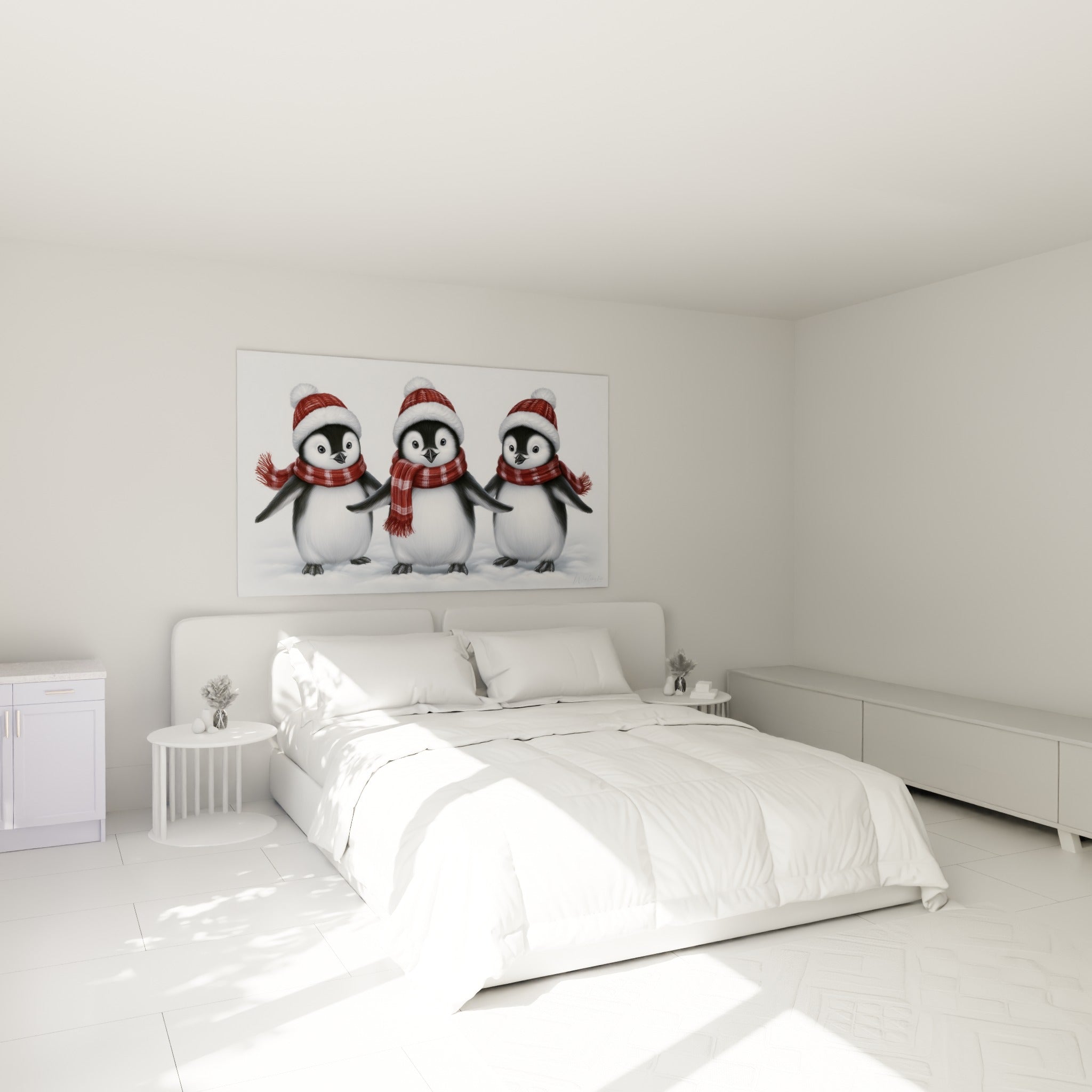 Bande de pingouins noir et blanc coiffés de bonnets rouges, accrochée au-dessus d'un lit dans une chambre claire