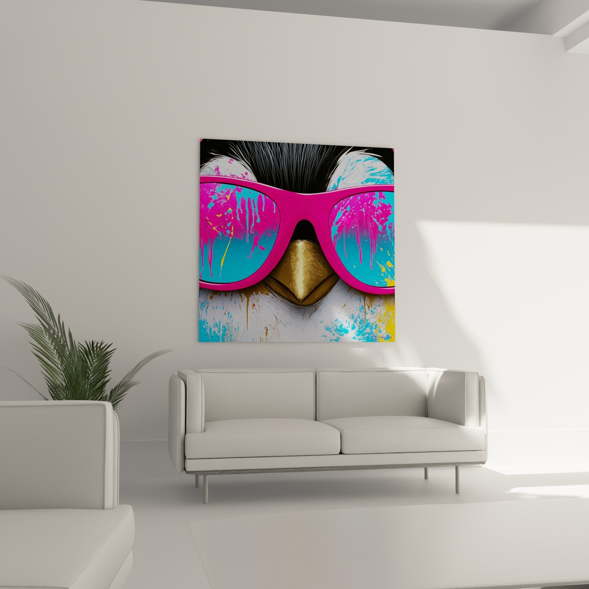 Plumage noir et blanc du pingouin coloré de jaune et rose au-dessus d'un canapé dans un salon lumineux.