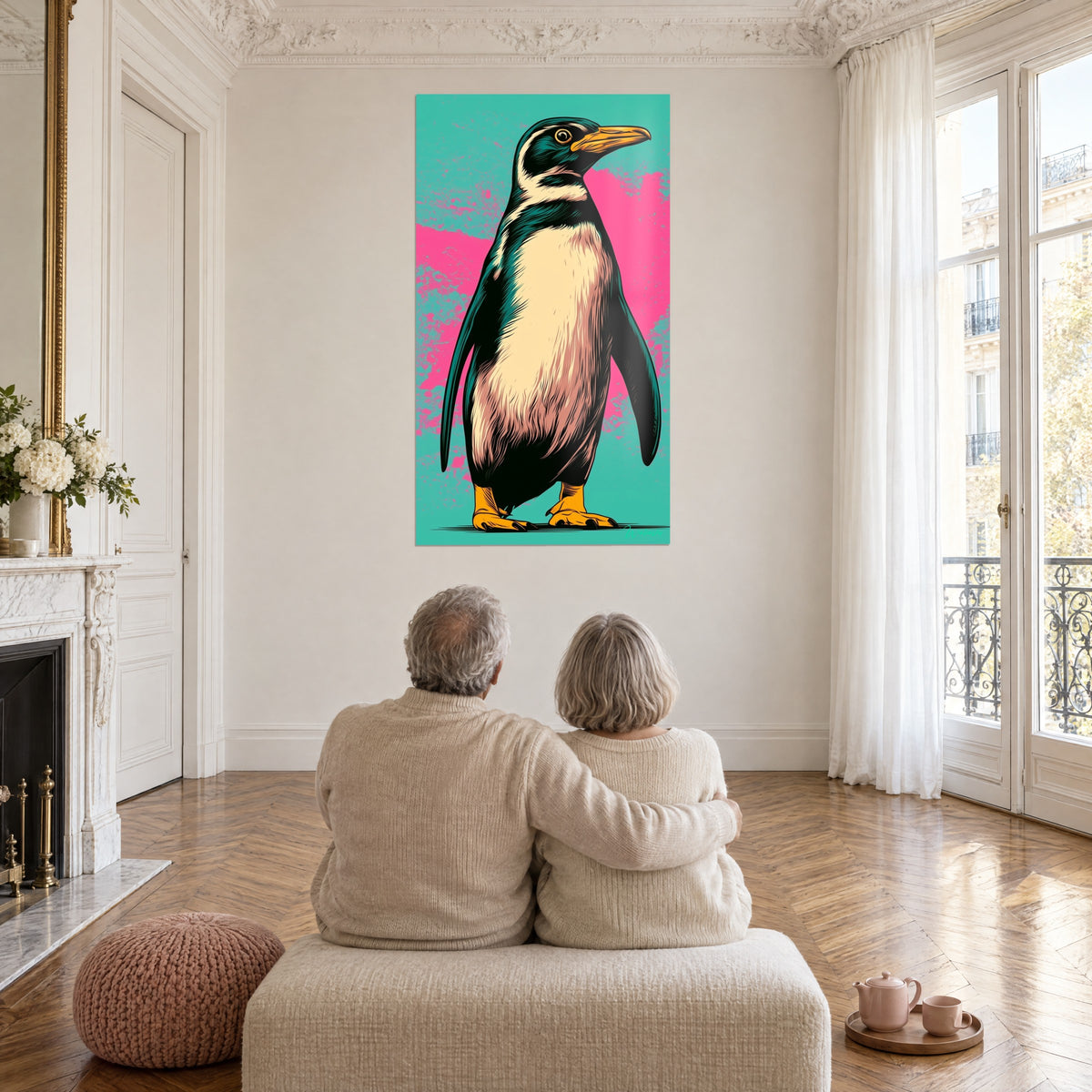 Tableau oiseau marin noir, crème et vert profond, pattes jaune safran, fond turquoise et rose, face à un couple dans un salon haussmannien