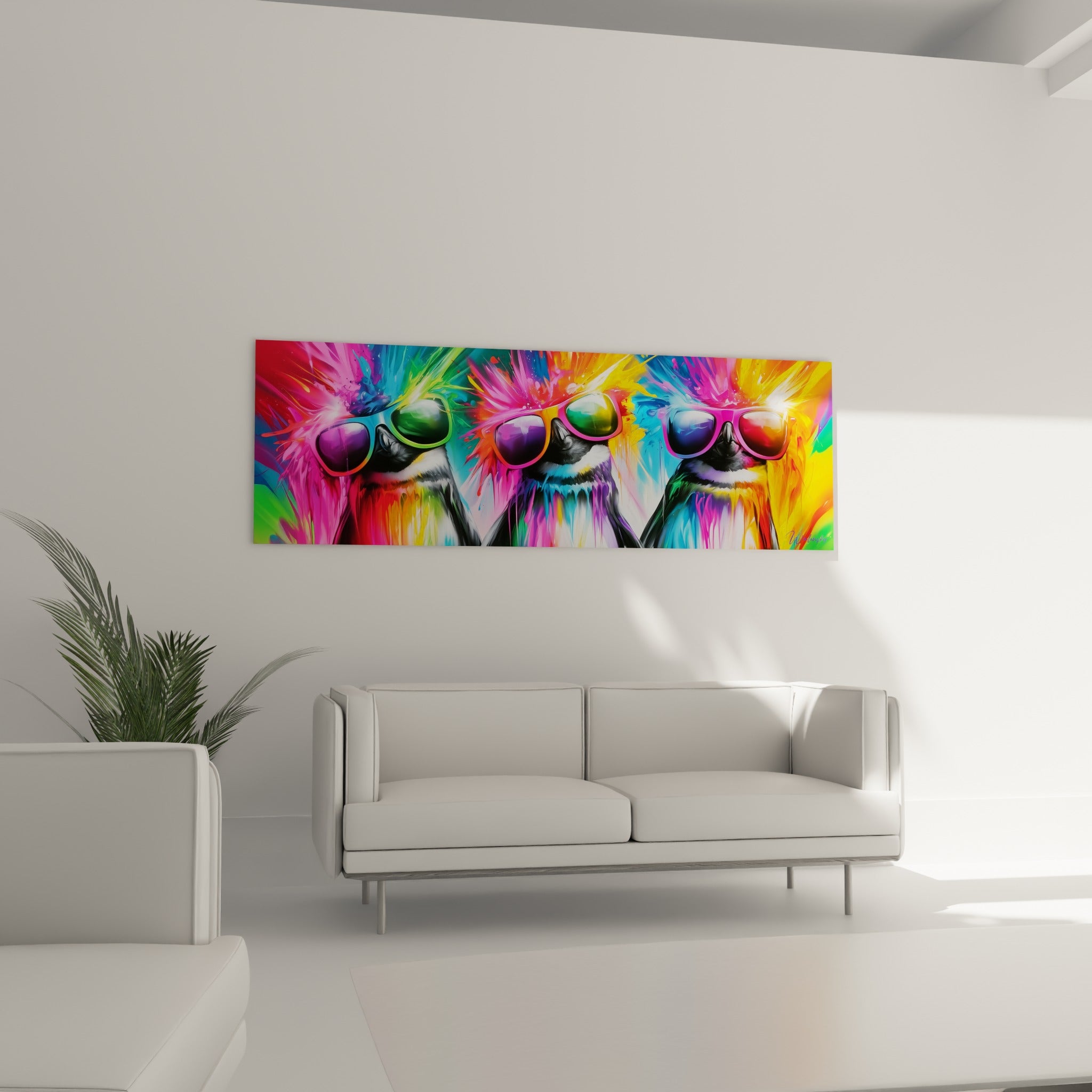 Trio de pingouins à lunettes turquoise et fuchsia sur fond éclaté de couleurs, au-dessus d'un canapé dans un salon lumineux