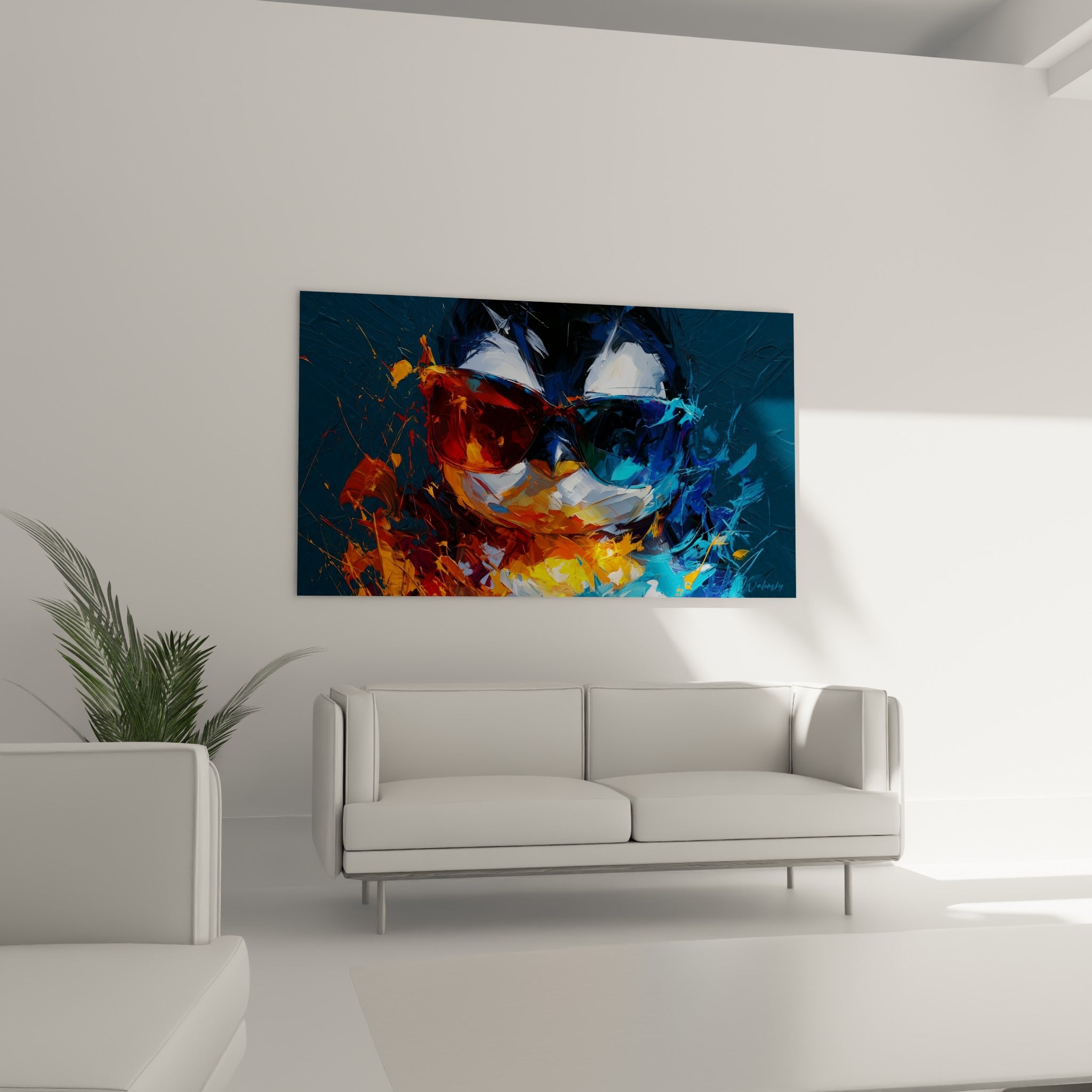 Éclaboussures orange et jaune autour du pingouin bleu marine, au-dessus d'un canapé dans un salon lumineux