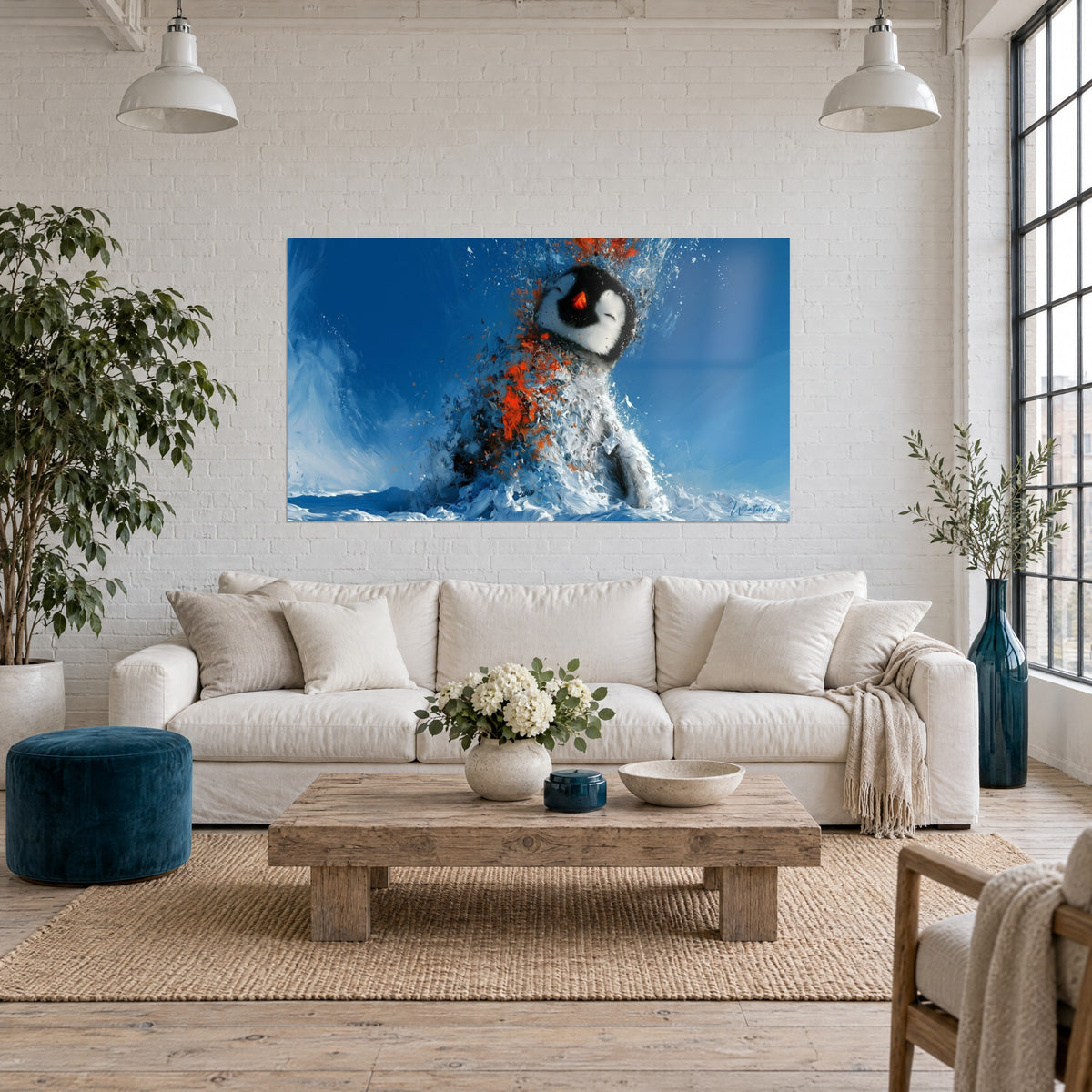 Tableau bébé manchot en éclats de peinture bleu cobalt et orange vif sur fond de neige blanche, au-dessus d'un canapé dans un salon lumineux