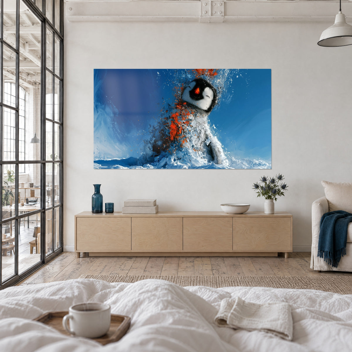 Tableau manchot qui se désagrège en éclats orange sur bleu profond et neige blanche, vu d'un couple de dos, au-dessus d'un lit dans une chambre claire