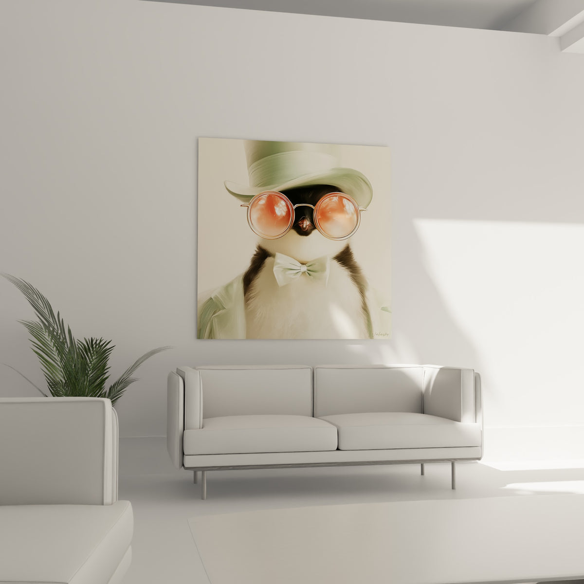 Personnage pingouin aux lunettes corail et chapeau vert, placé au-dessus d'un canapé dans un salon lumineux