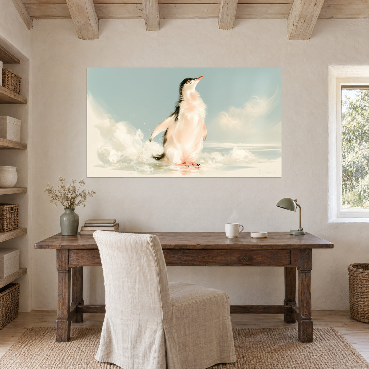 Cuadro silueta de pingüino rosado sobre fondo azul pálido y arena, colgado encima de un escritorio de madera en bruto, silla de lino